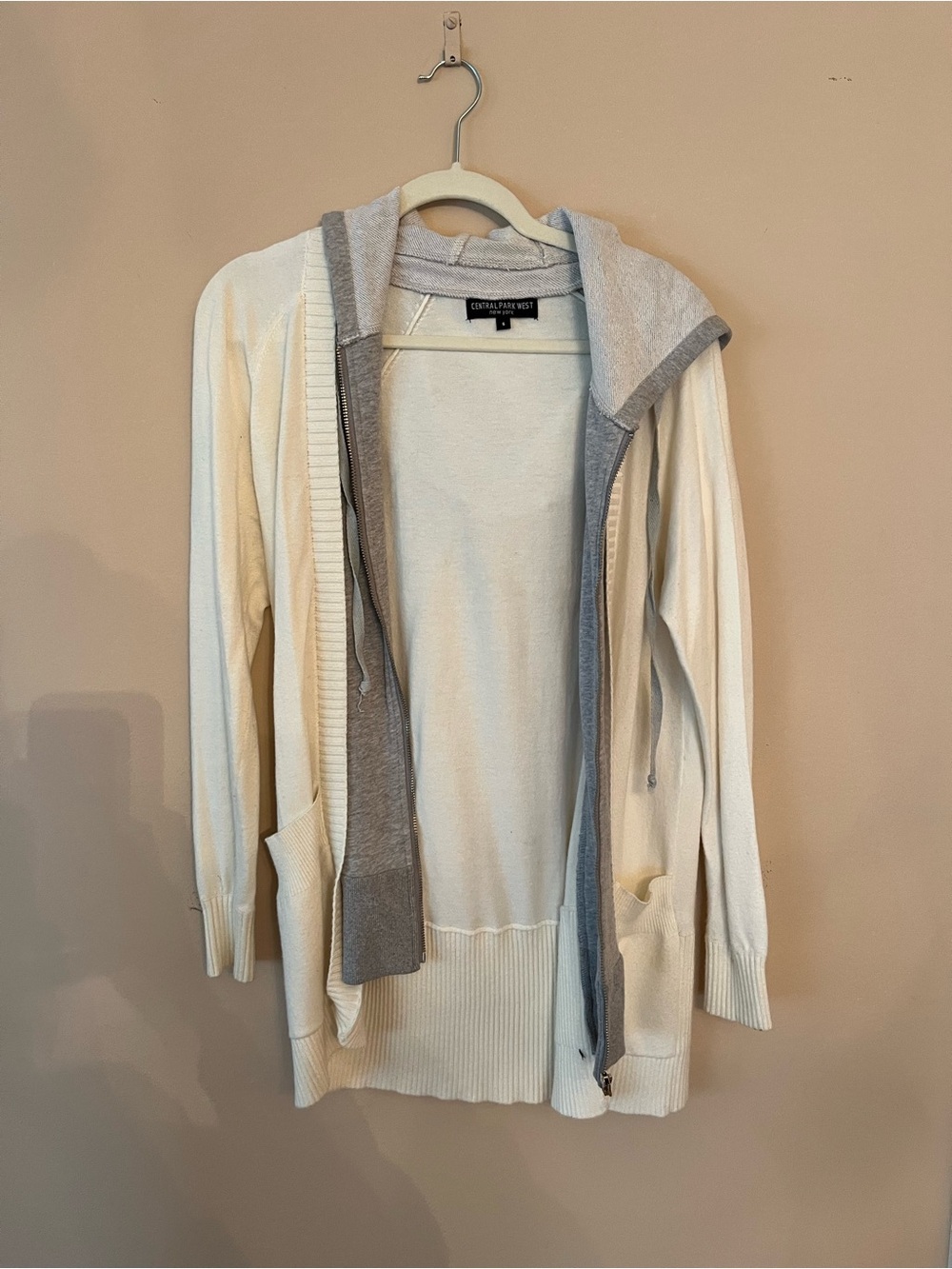 Central Park West Cream Cardigan with Gray Hooded Trim